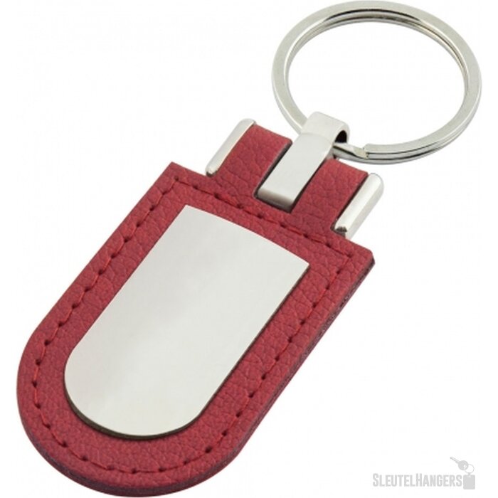 Sleutelhanger leder met metalen plaatje rood