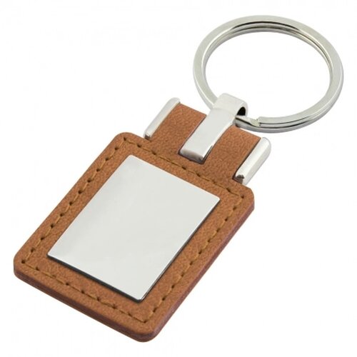 Sleutelhanger leder met metalen plaatje rechthoek bruin