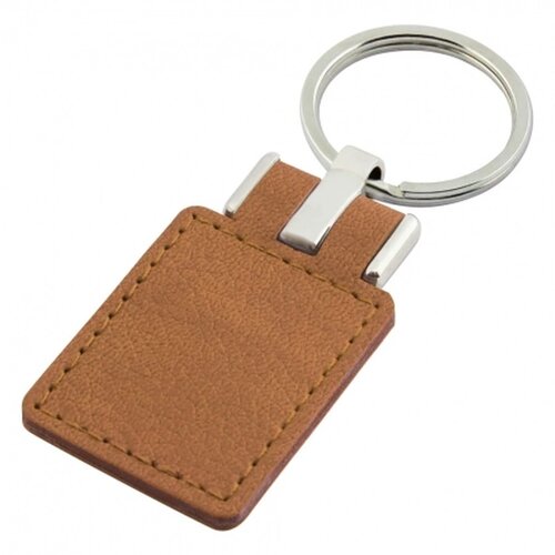 Sleutelhanger leder met metalen plaatje rechthoek bruin