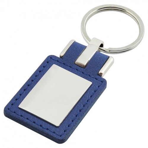 Sleutelhanger leder met metalen plaatje rechthoek blauw