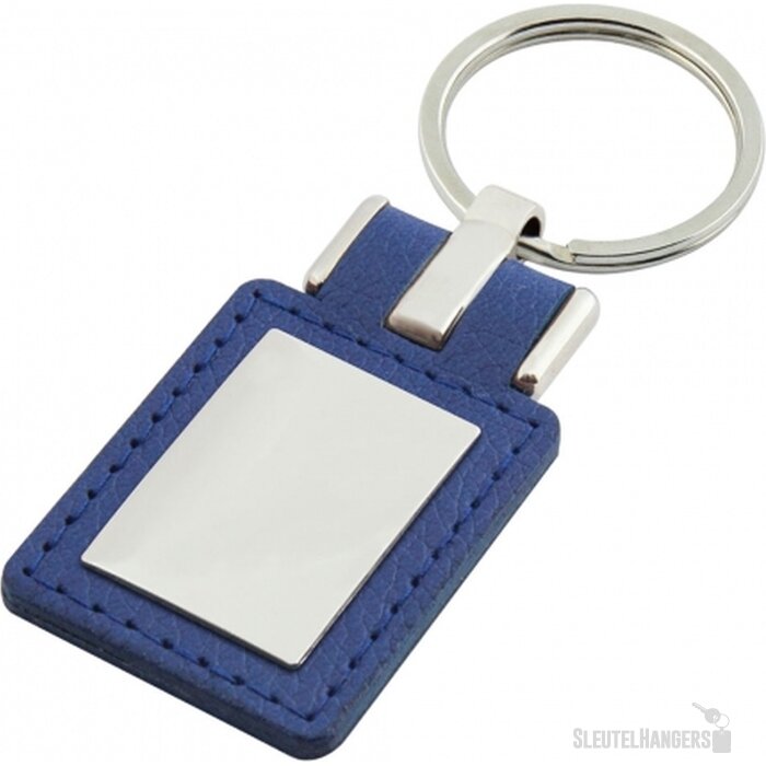 Sleutelhanger leder met metalen plaatje rechthoek blauw