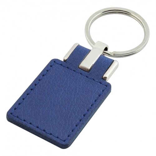 Sleutelhanger leder met metalen plaatje rechthoek blauw