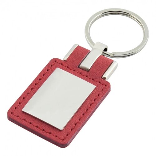 Sleutelhanger leder met metalen plaatje rechthoek rood