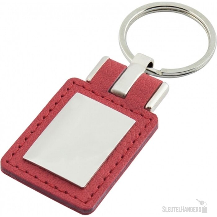 Sleutelhanger leder met metalen plaatje rechthoek rood