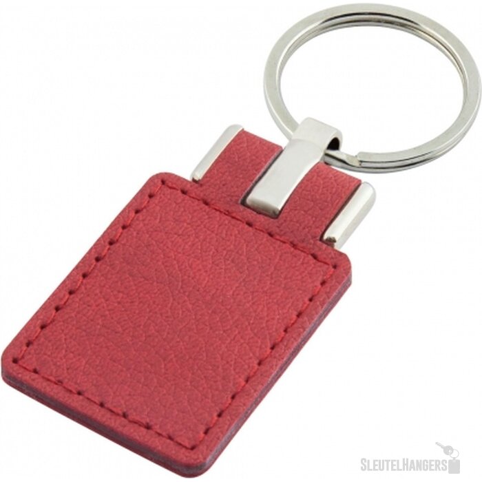 Sleutelhanger leder met metalen plaatje rechthoek rood