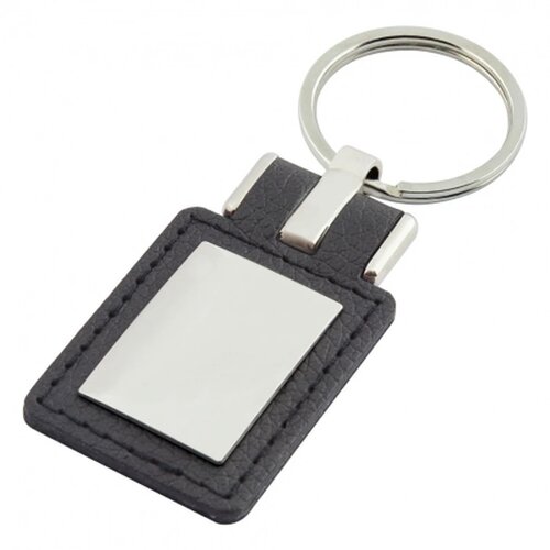 Sleutelhanger leder met metalen plaatje rechthoek zwart