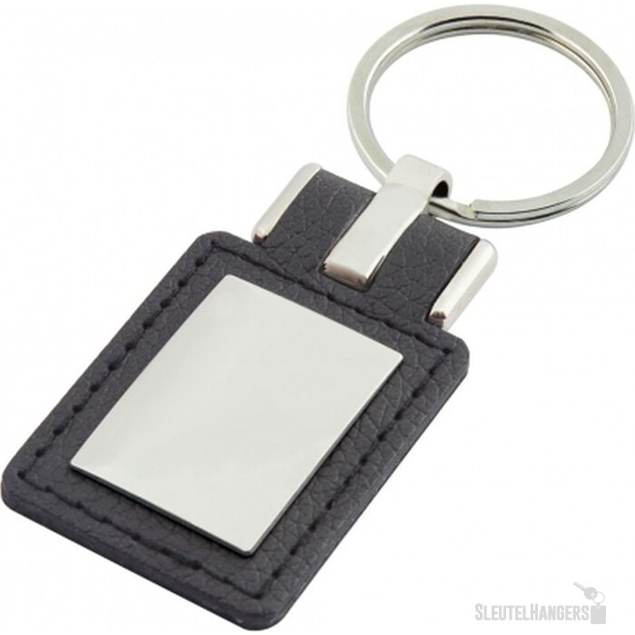 Sleutelhanger leder met metalen plaatje rechthoek zwart