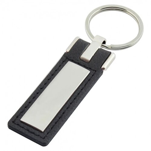 Sleutelhanger leder met metalen plaatje lang zwart