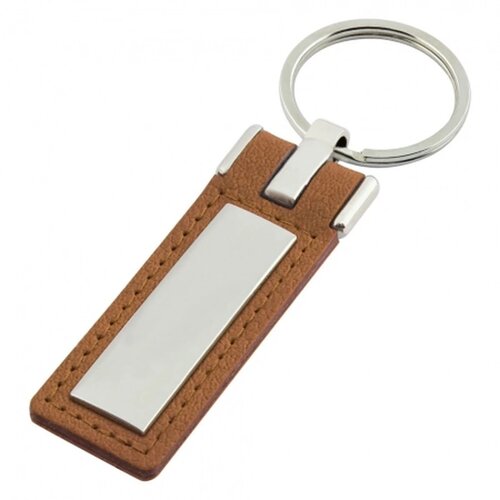 Sleutelhanger leder met metalen plaatje lang bruin