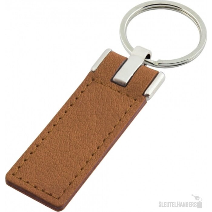 Sleutelhanger leder met metalen plaatje lang bruin
