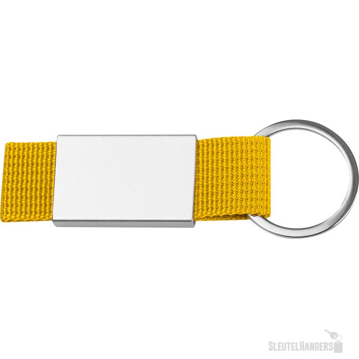 Sleutelhanger van stof en metaal geel