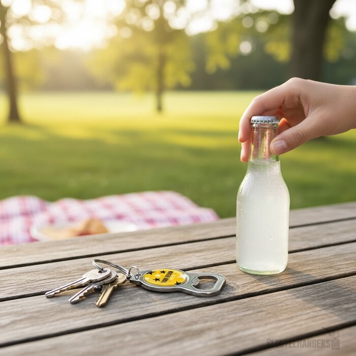 Flesopener sleutelhanger met doming Zilver