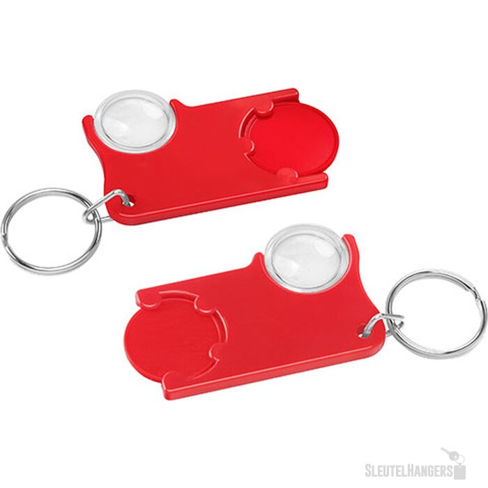 Sleutelhanger winkelwagenmuntje met loep rood