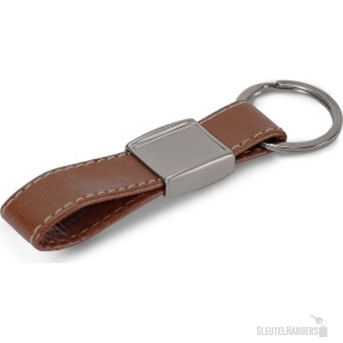 Sleutelhanger metaal met echt leer cognac