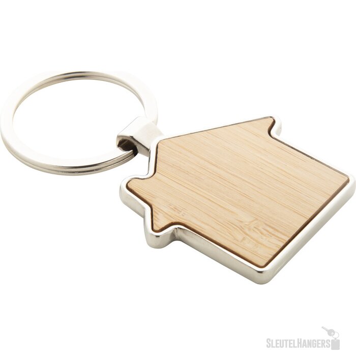 Huisvormige Sleutelhanger Met Houten Inlay Naturel