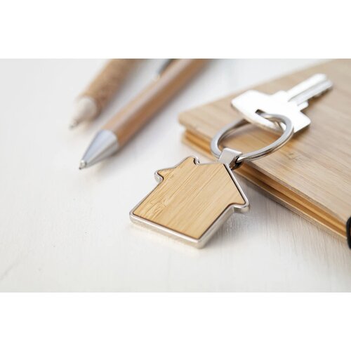 Huisvormige Sleutelhanger Met Houten Inlay Naturel