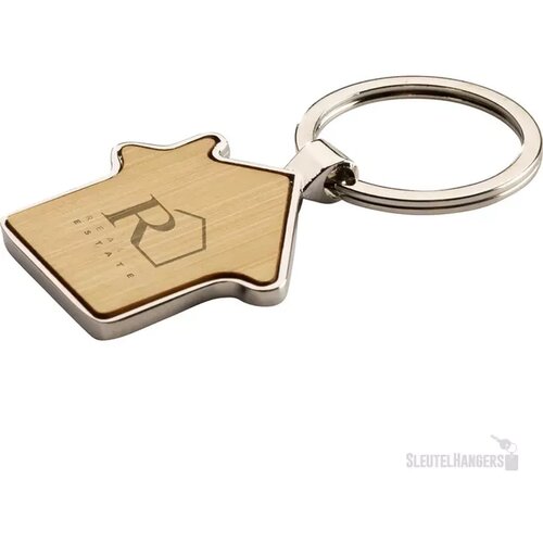 Huisvormige Sleutelhanger Met Houten Inlay Naturel