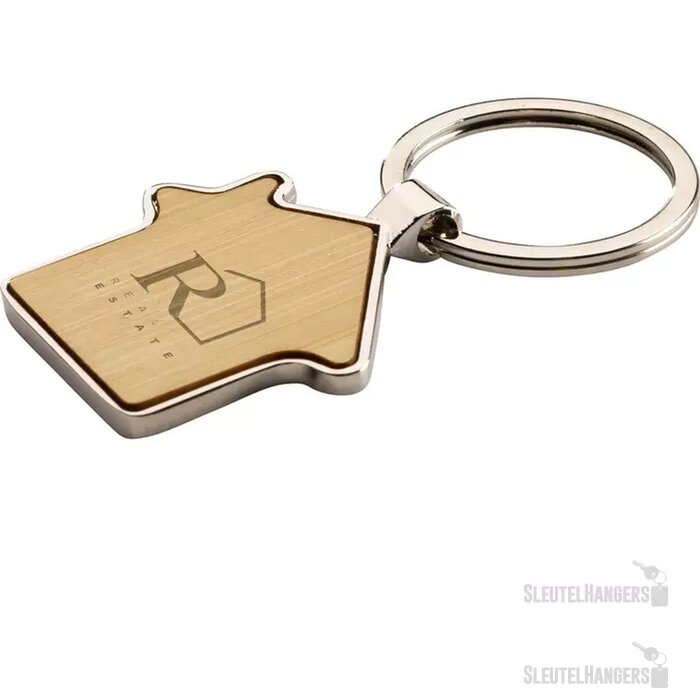 Huisvormige Sleutelhanger Met Houten Inlay Naturel