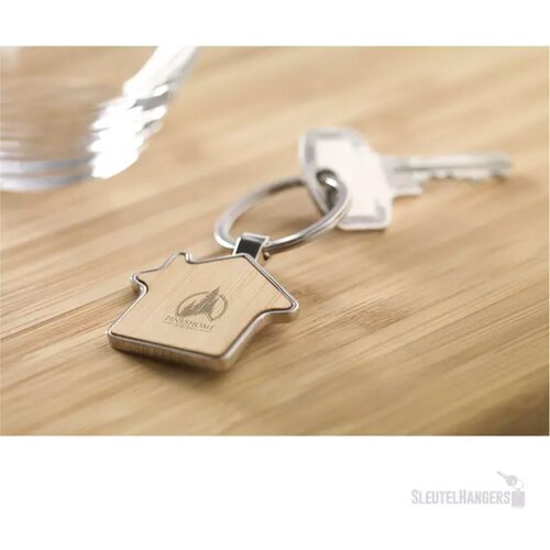 Huisvormige Sleutelhanger Met Houten Inlay Naturel