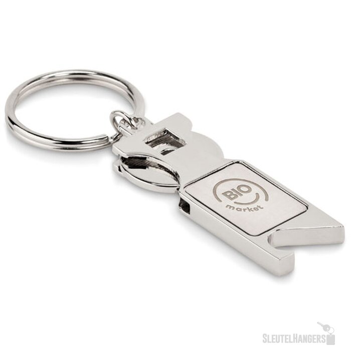 Sleutelhanger met muntje en flesopener Zilver