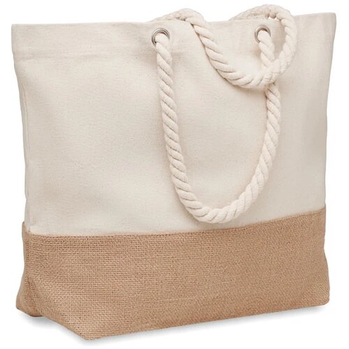 Canvas strandtas met jute detail Beige