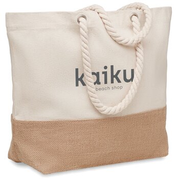 Canvas strandtas met jute detail Beige