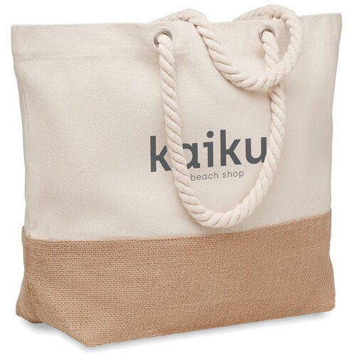 Canvas strandtas met jute detail Beige