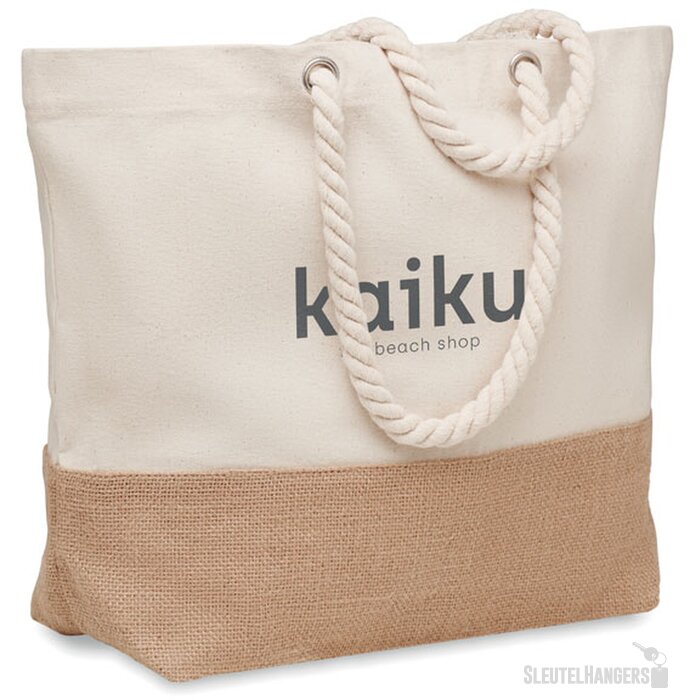 Canvas strandtas met jute detail Beige