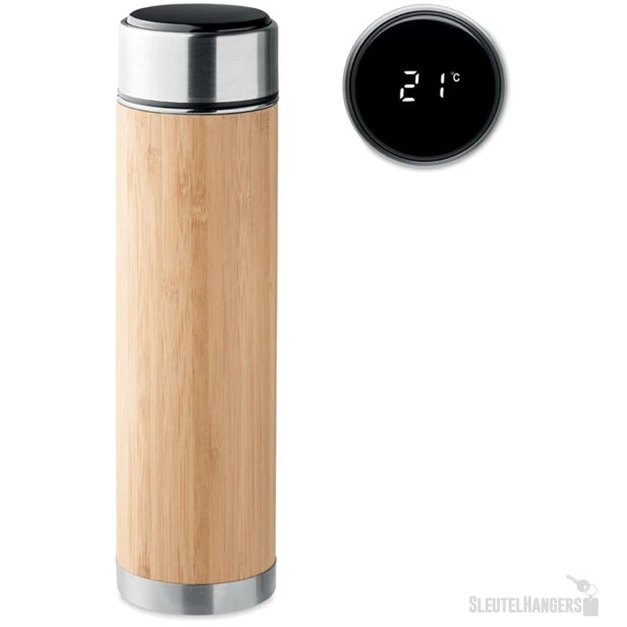 Bamboe thermosfles met LED-thermometer Bruin