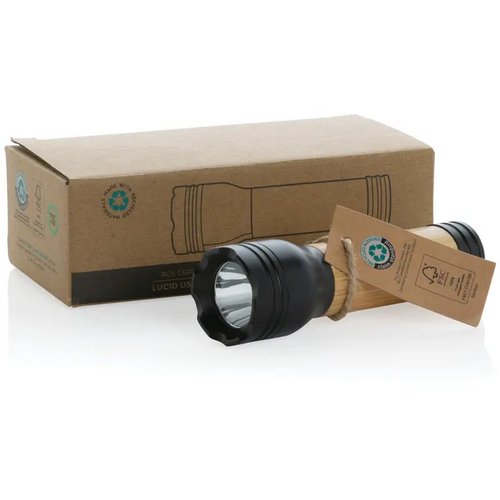 Lucid 1W RCS gerecycled plastic & bamboo zaklamp zwart, bruin