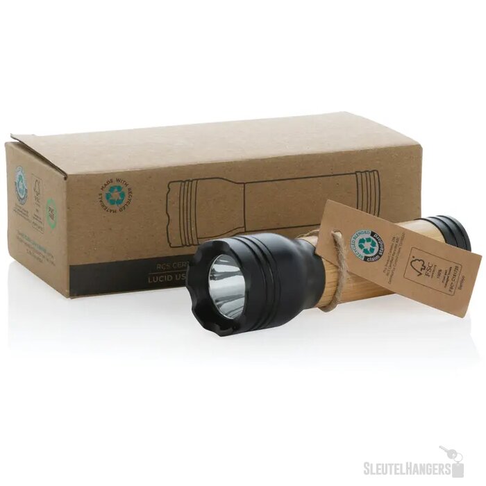 Lucid 1W RCS gerecycled plastic & bamboo zaklamp zwart, bruin
