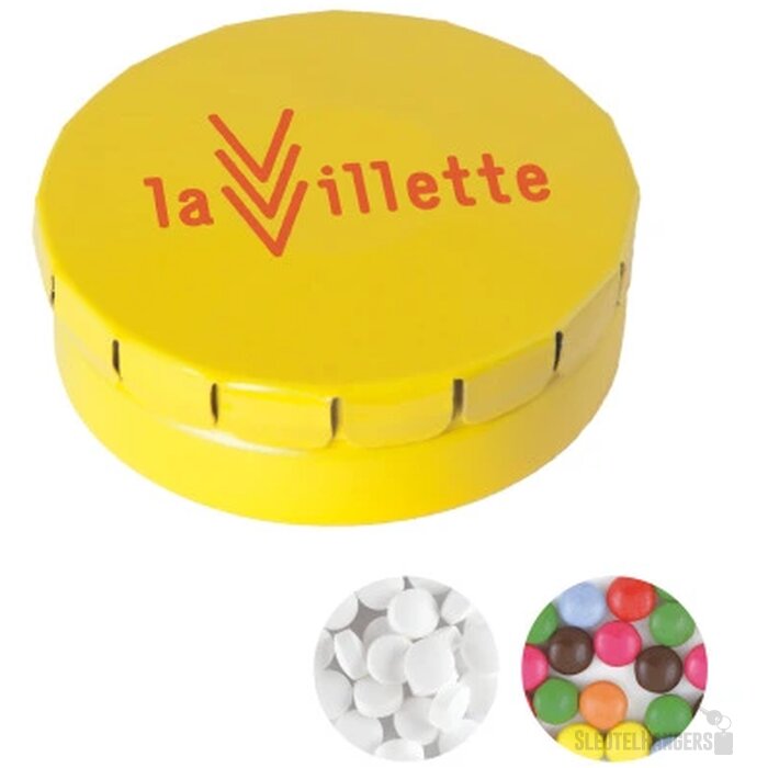 Rond click clack pepermunt blikje Geel