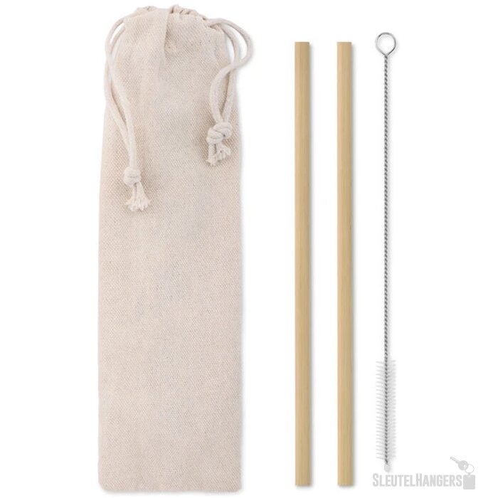 Set met 2 bamboe rietjes in zakje Beige