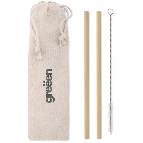 Set met 2 bamboe rietjes in zakje Beige