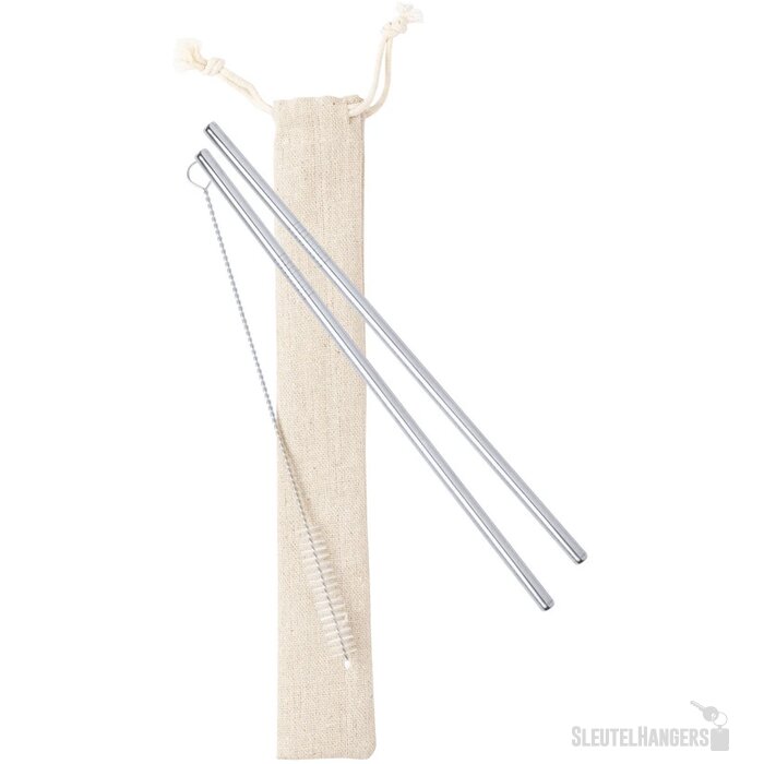 Set Met 2 Rvs Rietjes In Tasje Zilver