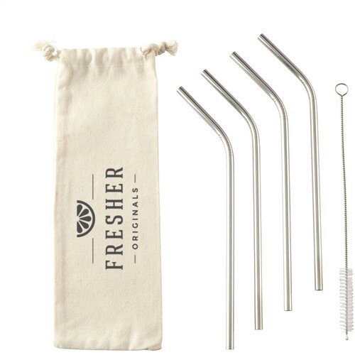 Set Met 4 Rvs Rietjes In Pouch Zilver
