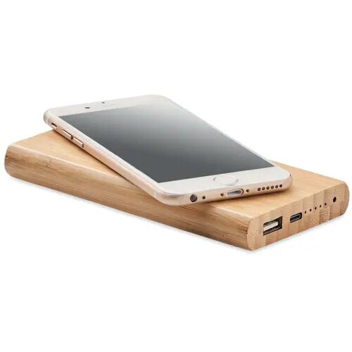 Bamboe powerbank met draadloze oplader (6.000 mAh) Bruin