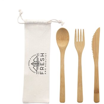 Bamboe bestek in katoenen zakje Bruin