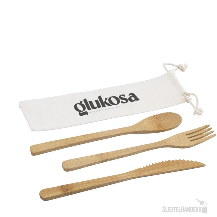 Bamboe bestek in katoenen zakje Bruin