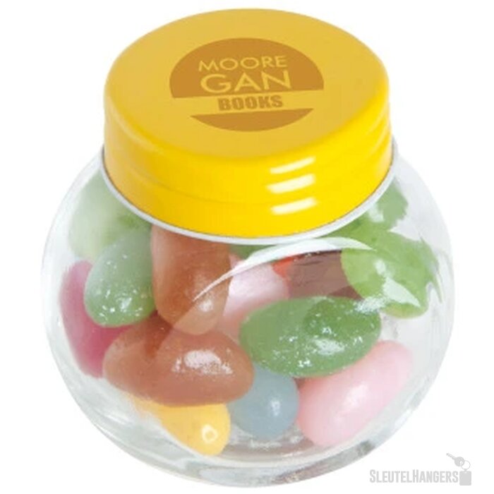 Kleine glazen pot met snoep (40 gram) Geel
