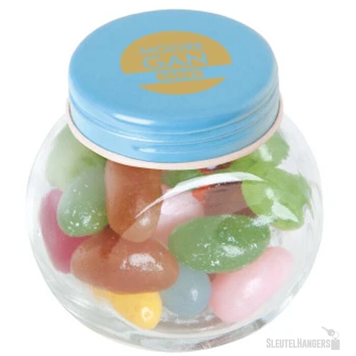 Kleine glazen pot met snoep (40 gram) Lichtblauw
