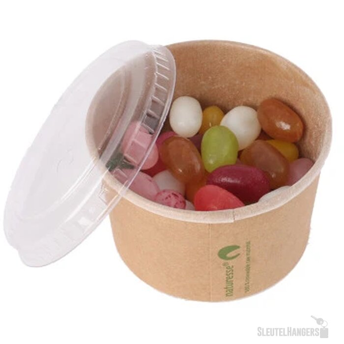 Snoeppot kraft karton met deksel 100 ml, gevuld met ca. 70 gr. DutchDex hartjes met natuurlijke smaak- en kleurstoffen ecru