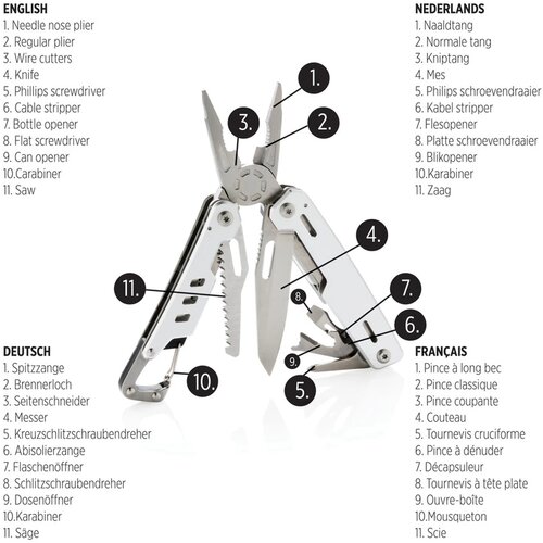 Solid multitool met karabijnhaak zilver