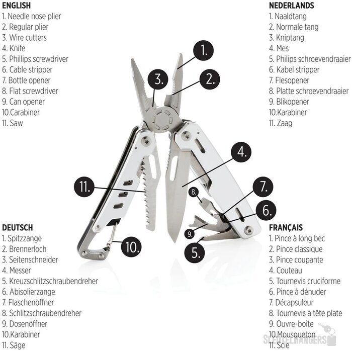 Solid multitool met karabijnhaak zilver