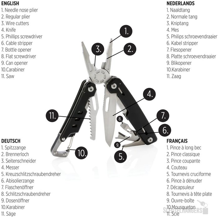 Solid multitool met karabijnhaak zwart