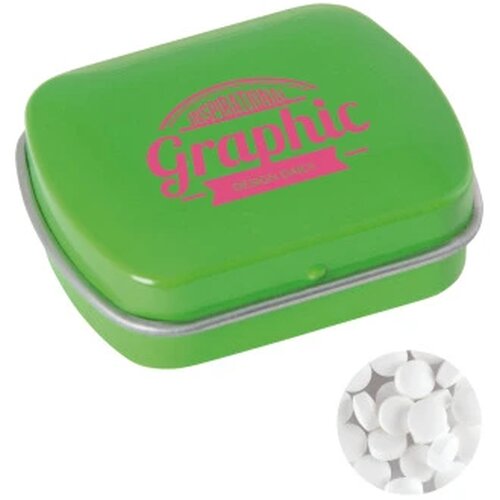 Klein blik met ca. 10 gr. extra strong mints lichtgroen