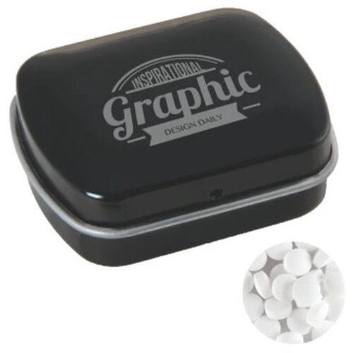 Klein blik met ca. 10 gr. extra strong mints zwart