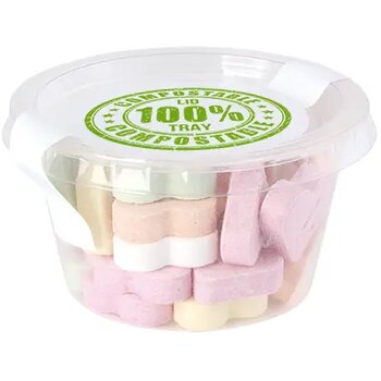 Transparant Biodegradable bakje met los deksel, gevuld met 60 gr. DutchDex Dextrose mints, fruit bolletjes of fruit hartjes transparant