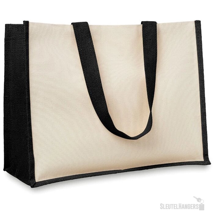 Jute/canvas boodschappentas Campo de fiori zwart