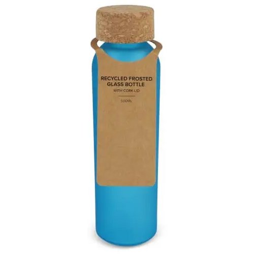 Matglazen gerecycled fles met kurken dop 500ml ecru / blauw